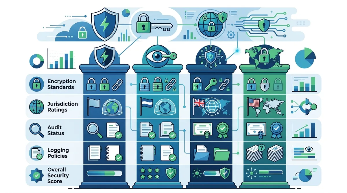 Infographic of VPN security features comparison showing encryption standards, jurisdiction ratings, audit status, and logging policies across major providers.
