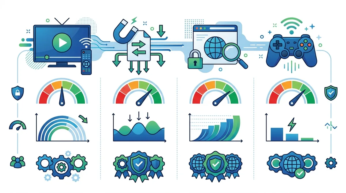 Infographic showing VPN use cases comparison with security ratings, speed impact, and provider recommendations for streaming, torrenting, browsing, and gaming activities.