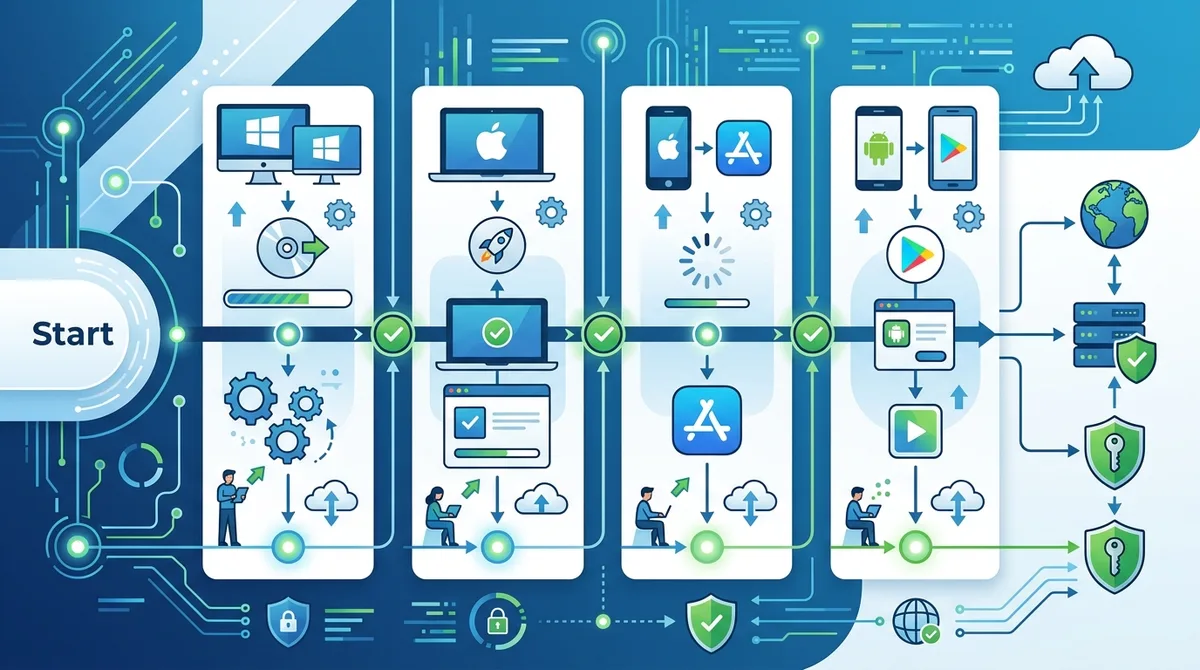 Infographic of VPN setup process showing step-by-step installation across Windows, Mac, iOS, and Android with connection verification checkpoints.
