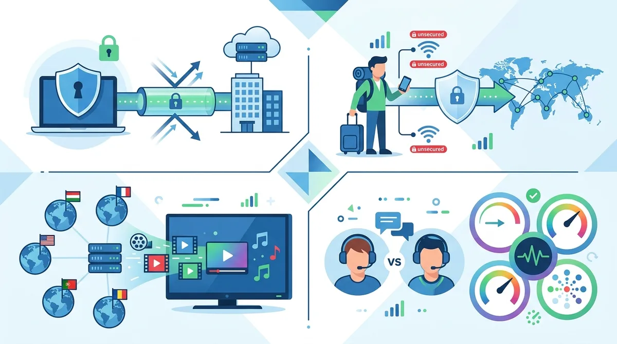 Infographic showing VPN use cases comparison including remote work security, travel protection, streaming access, and gaming optimization with performance metrics.