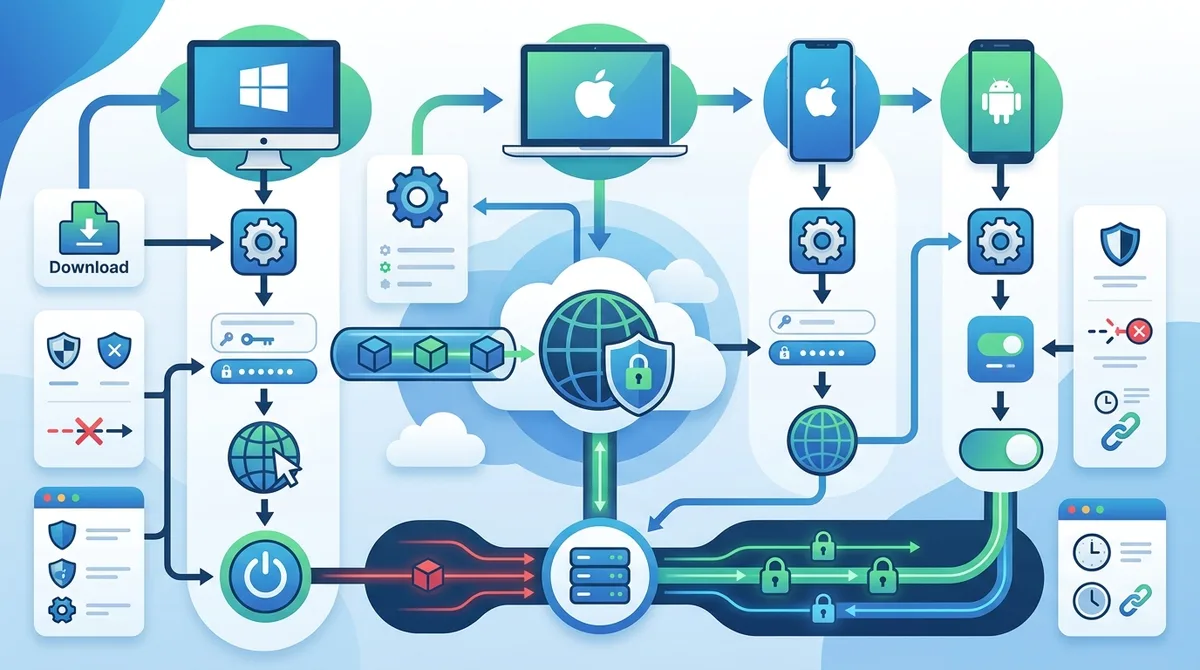 Infographic of VPN setup process across Windows, macOS, iOS, and Android showing step-by-step connection flow and configuration options.