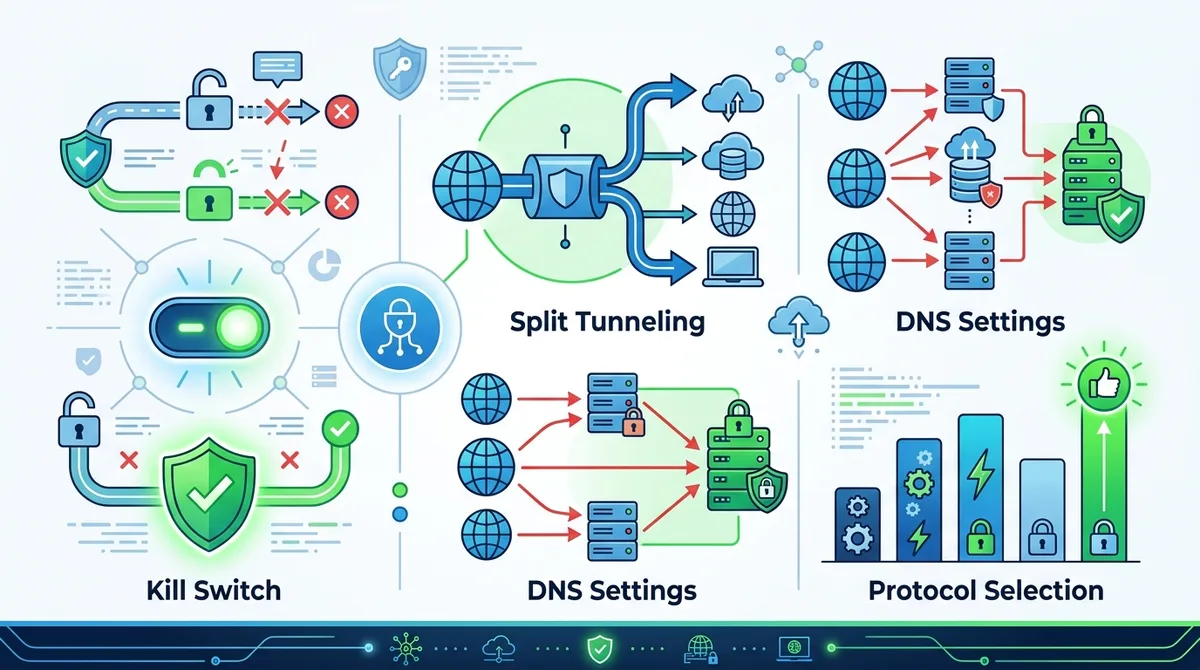 Infographic showing VPN configuration options including kill switch, split tunneling, DNS settings, and protocol selection with recommended settings highlighted.