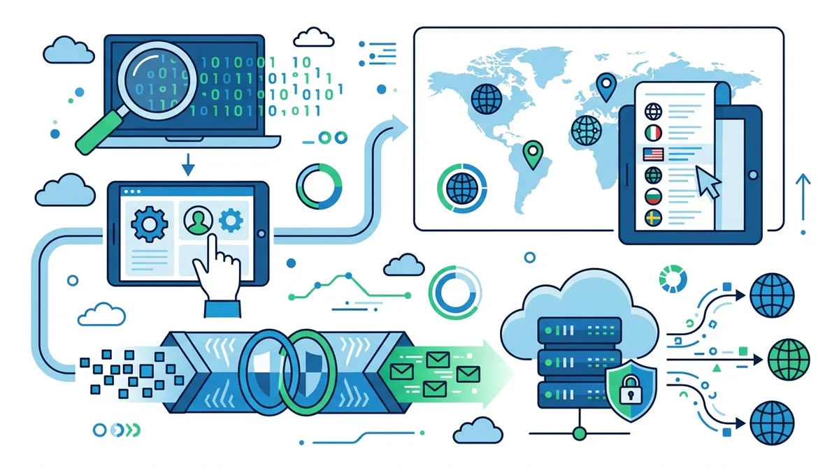 Infographic of VPN setup process showing step-by-step connection flow with encryption tunnel visualization and server selection interface.
