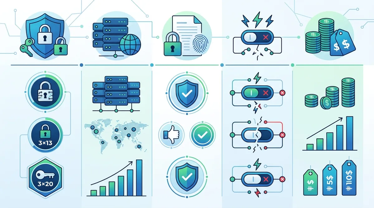 Infographic of VPN selection criteria comparing encryption standards, server count, no-logs policy verification, kill switch functionality, and pricing tiers across different provider categories.