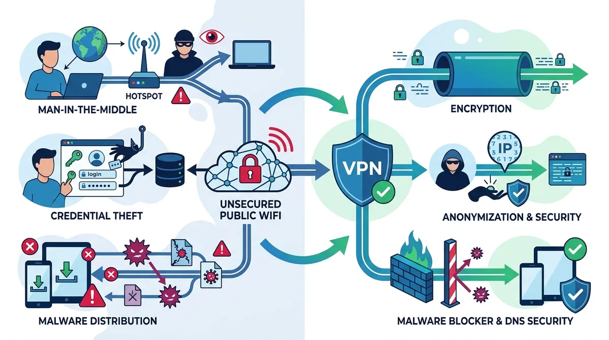Infographic showing public WiFi threats including man-in-the-middle attacks, credential theft, and malware distribution, with corresponding VPN protection mechanisms and configuration recommendations.