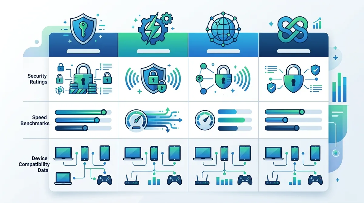 Infographic of VPN encryption protocols comparing OpenVPN, WireGuard, IKEv2, and L2TP with security ratings, speed benchmarks, and device compatibility data.