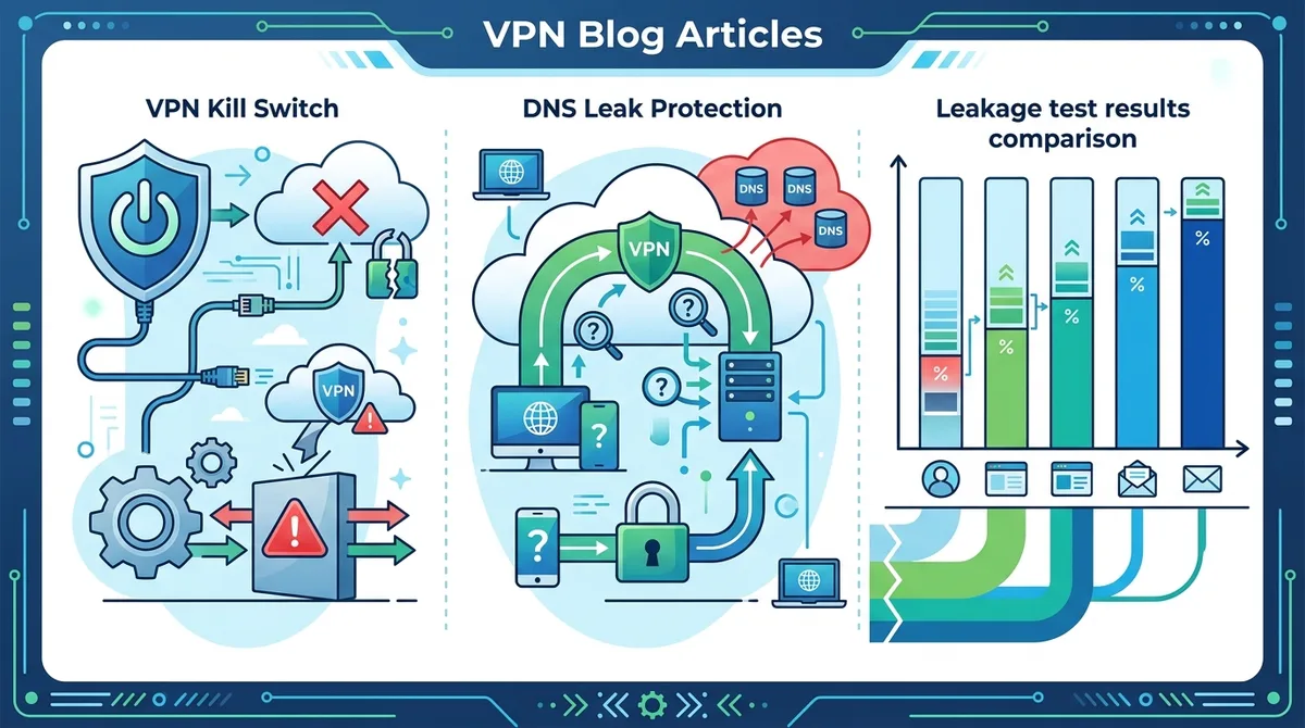 Infographic showing VPN kill switch functionality, DNS leak protection mechanisms, and comparison of leak test results across different VPN configurations with percentages of data exposure prevented.