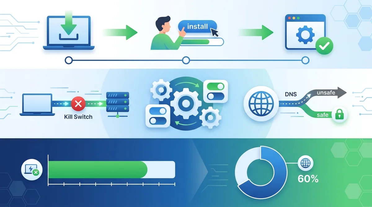 Infographic of VPN setup process showing installation steps, critical settings configuration, and security checklist with percentages of users who properly configure kill switches and DNS settings.