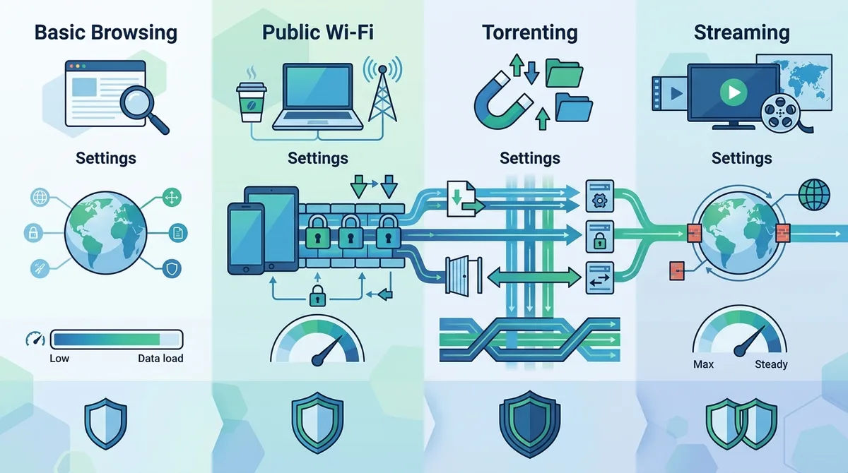 Infographic showing comparison of VPN configurations for different use cases: basic browsing, public Wi-Fi, torrenting, and streaming, with recommended settings and security levels for each scenario.