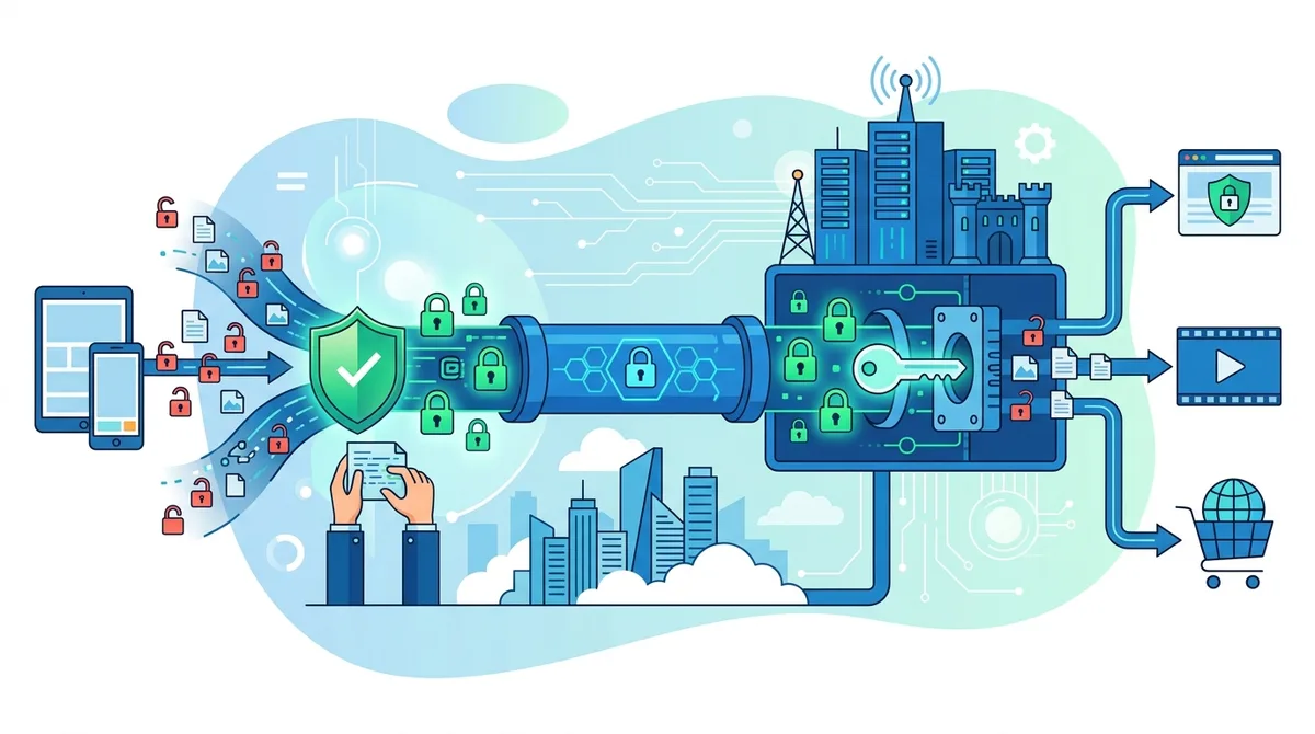 Infographic of VPN encryption process showing data flow from user device through encrypted tunnel to VPN server to internet destination, with encryption/decryption at each stage.