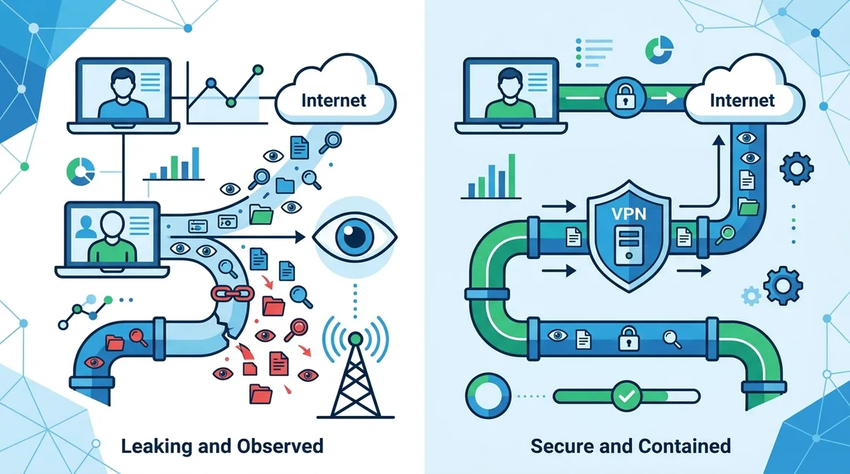 Infographic showing DNS leak vulnerability comparison: unencrypted DNS queries visible to ISP vs. protected DNS queries through VPN with proper leak prevention.