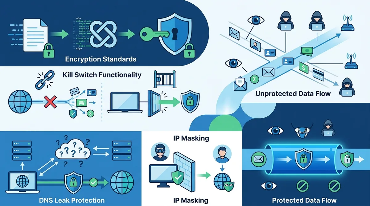 Infographic of VPN security features including encryption standards, kill switch functionality, DNS leak protection, and IP masking with visual comparison of protected vs unprotected data flow.