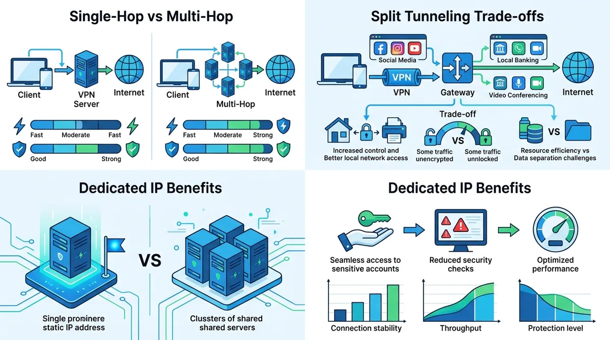 Infographic showing VPN configuration comparison including single-hop vs multi-hop routing, split tunneling trade-offs, and dedicated IP benefits with security and performance metrics.