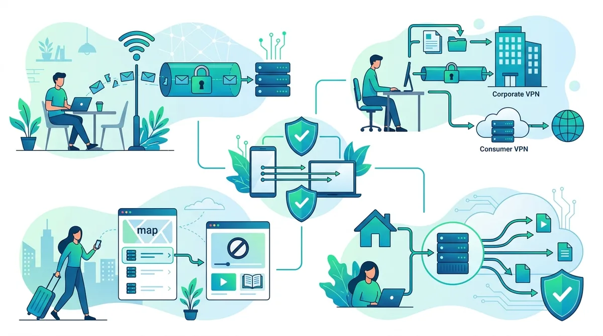 Infographic showing VPN usage scenarios including public WiFi security (99% traffic encrypted), remote work (corporate VPN vs consumer VPN), international travel (geo-restriction bypass), and torrenting (IP masking for privacy).