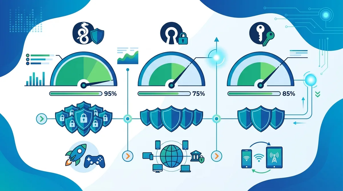 Infographic comparing VPN protocols showing WireGuard speed at 95% of native connection, OpenVPN at 75%, and IKEv2 at 85%, with security ratings and use case recommendations for each.