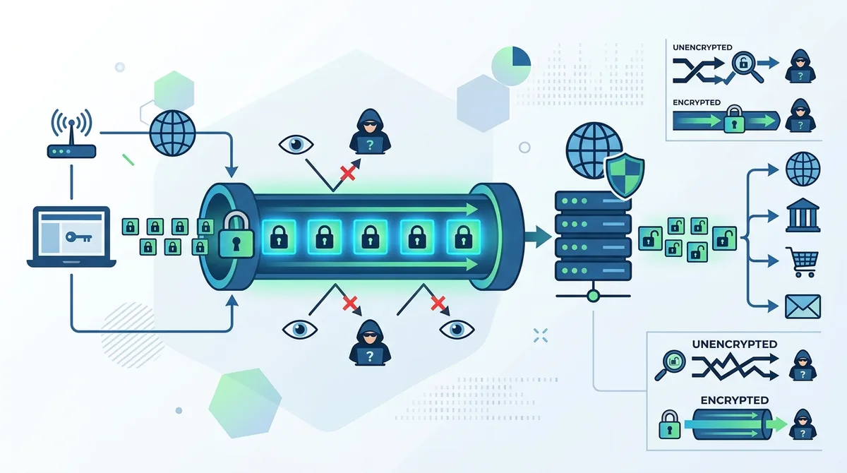 Infographic of how VPN encryption works, showing data flow from device through encrypted tunnel to VPN server, with comparison of unencrypted vs encrypted traffic interception scenarios.