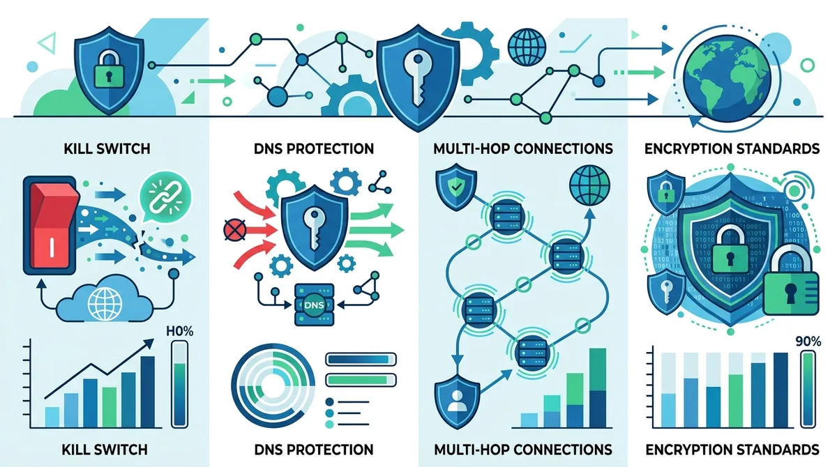 Infographic showing VPN security features comparison across kill switches, DNS protection, multi-hop connections, and encryption standards with implementation percentages.