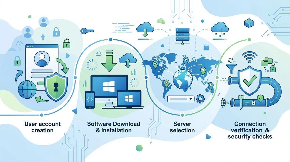 Infographic of VPN setup process showing 4 steps: account creation, app download, server selection, and connection verification with security check indicators.