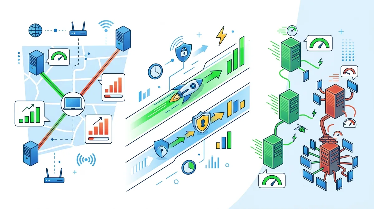 Infographic showing VPN speed optimization factors: server distance impact (nearby 5-10% slowdown vs distant 20-40%), protocol comparison (WireGuard vs OpenVPN speed differences), and server load effects on connection performance.