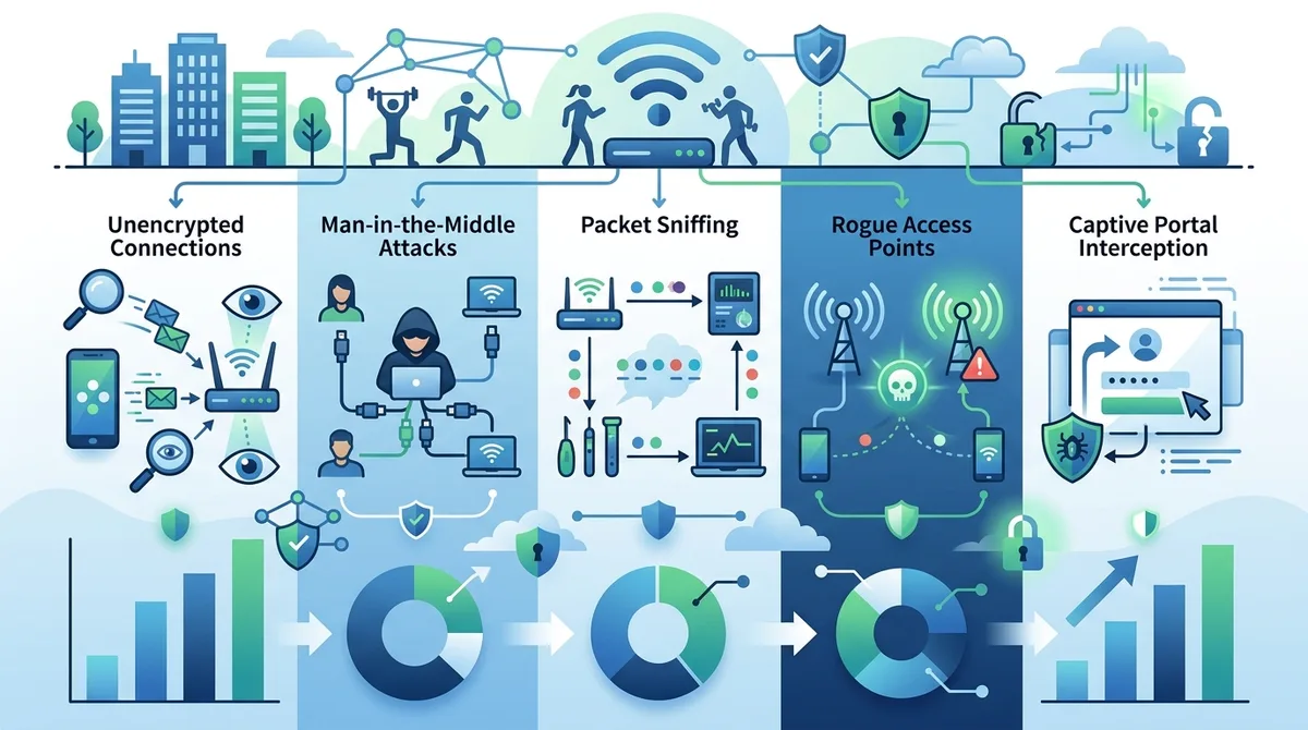 Infographic showing gym WiFi security vulnerabilities including unencrypted connections, man-in-the-middle attacks, packet sniffing, rogue access points, and captive portal interception with percentages of affected users.