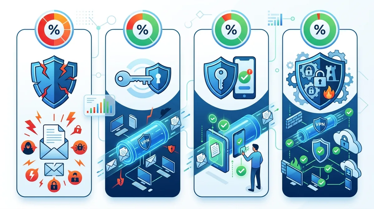 Infographic comparing data protection methods including no protection, VPN only, VPN plus 2FA, and comprehensive multi-layer security with percentages showing vulnerability reduction at each level.