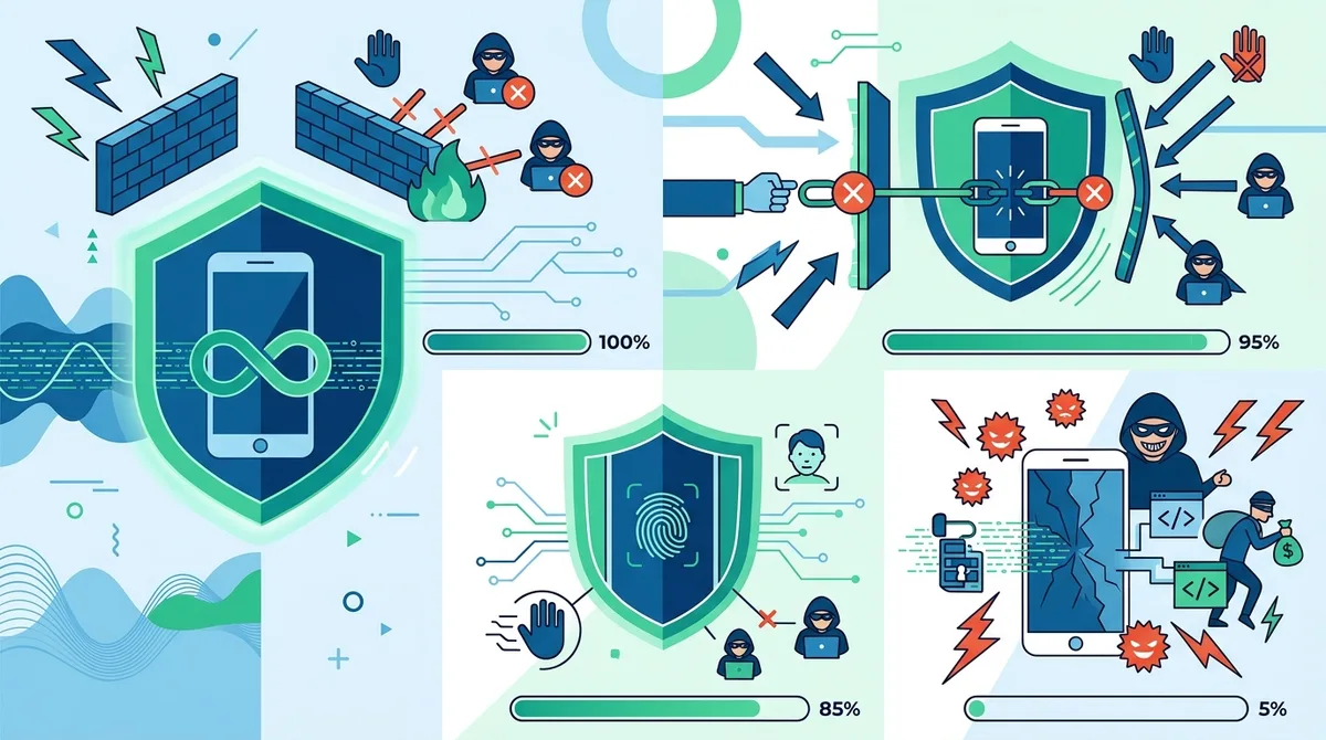 Infographic showing mobile VPN security layers: Always-On VPN (100%), Kill Switch enabled (95%), Biometric Auth (85%), and unprotected access (5% security), with threat vectors for each scenario.
