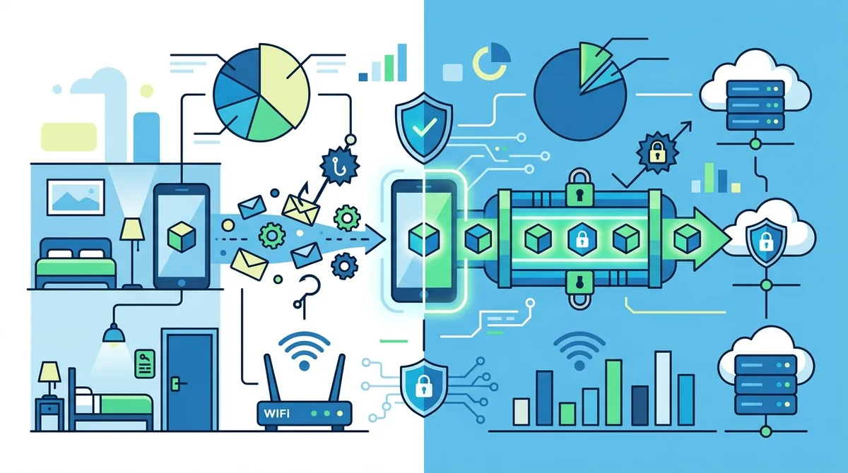 Infographic of VPN encryption protecting hotel room access showing encrypted vs unencrypted data transmission with percentage breakdown of hotel WiFi security vulnerabilities.