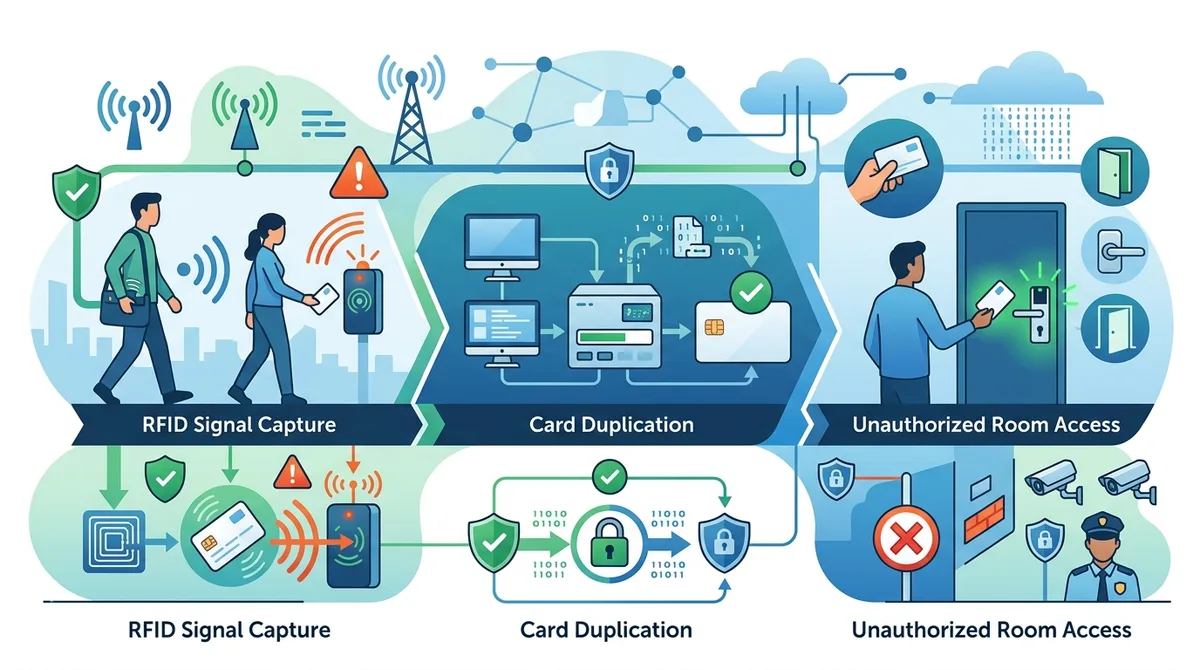 Infographic of keycard cloning attack timeline showing RFID signal capture, card duplication, and unauthorized room access with security countermeasures labeled at each stage.