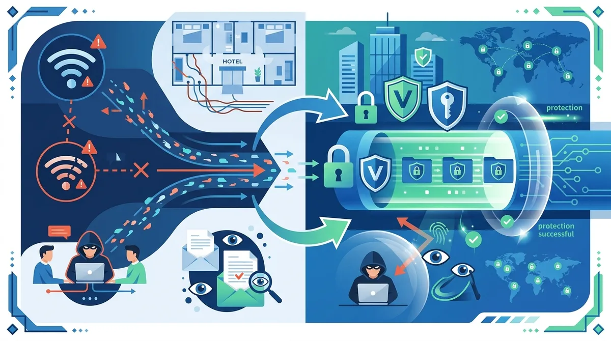 Infographic showing comparison of hotel network security risks including unencrypted connections, man-in-the-middle attacks, and data interception with VPN protection benefits highlighted.