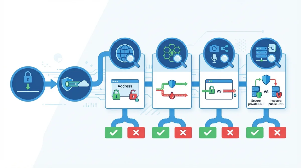 Infographic showing VPN leak testing workflow with 6 phases: baseline recording, VPN connection, IP leak test, IPv6 leak test, WebRTC leak test, and DNS leak test, with pass/fail indicators.