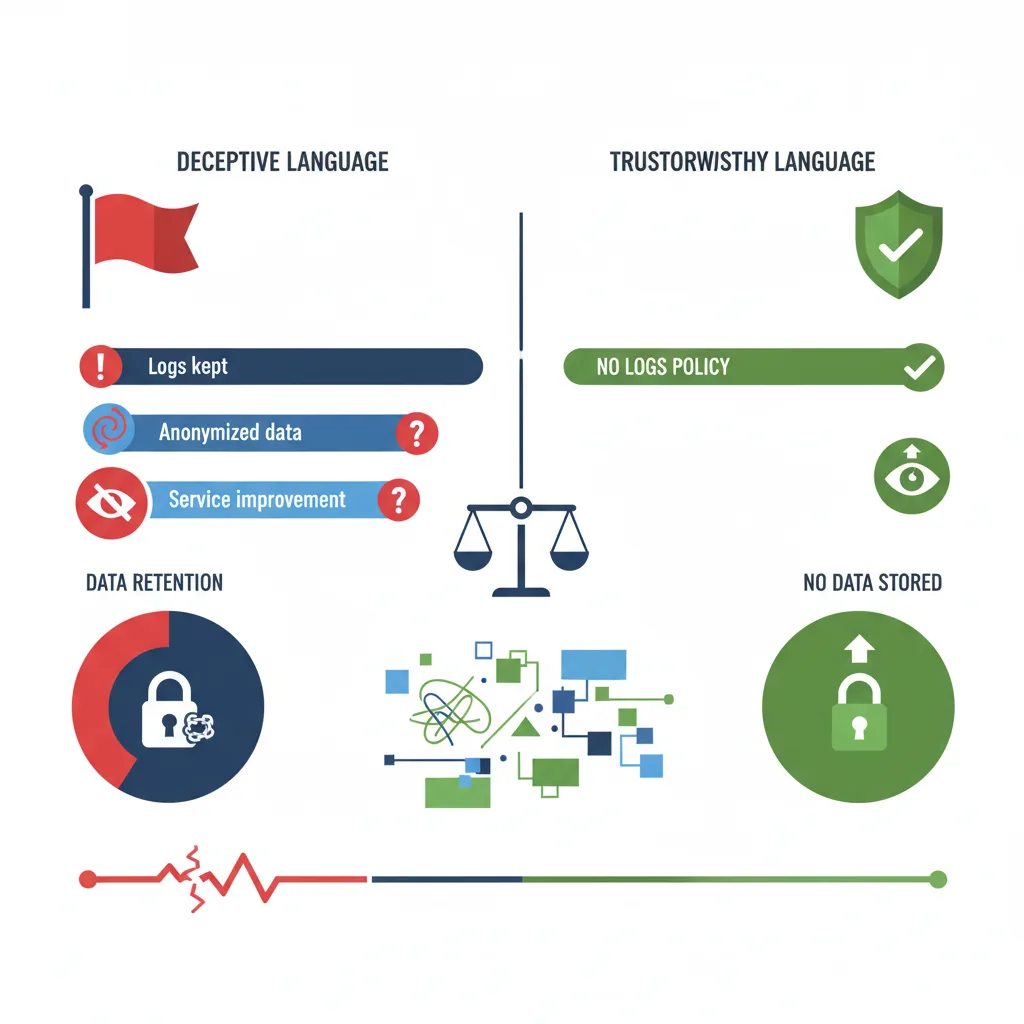 Infographic of deceptive VPN logging policy language showing red flag phrases vs. trustworthy language with percentage of providers using each term.
