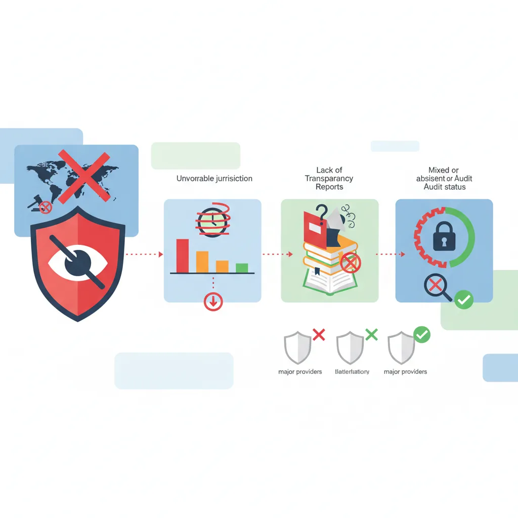 Infographic showing VPN logging policy red flags comparison including jurisdiction, data retention, transparency reports, and audit status across major providers.
