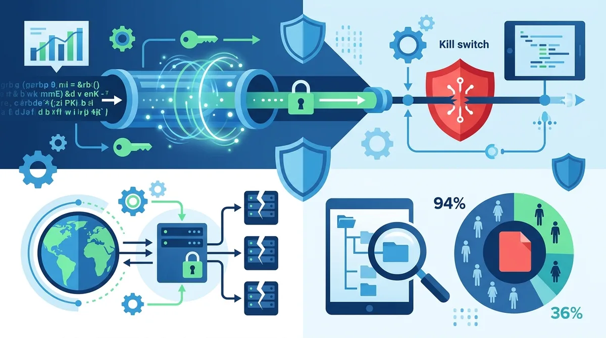 Infographic of VPN protection layers showing network encryption, kill switch protection, DNS leak prevention, and local device indexing, with data points showing 94% of users unaware of Spotlight indexing risks.