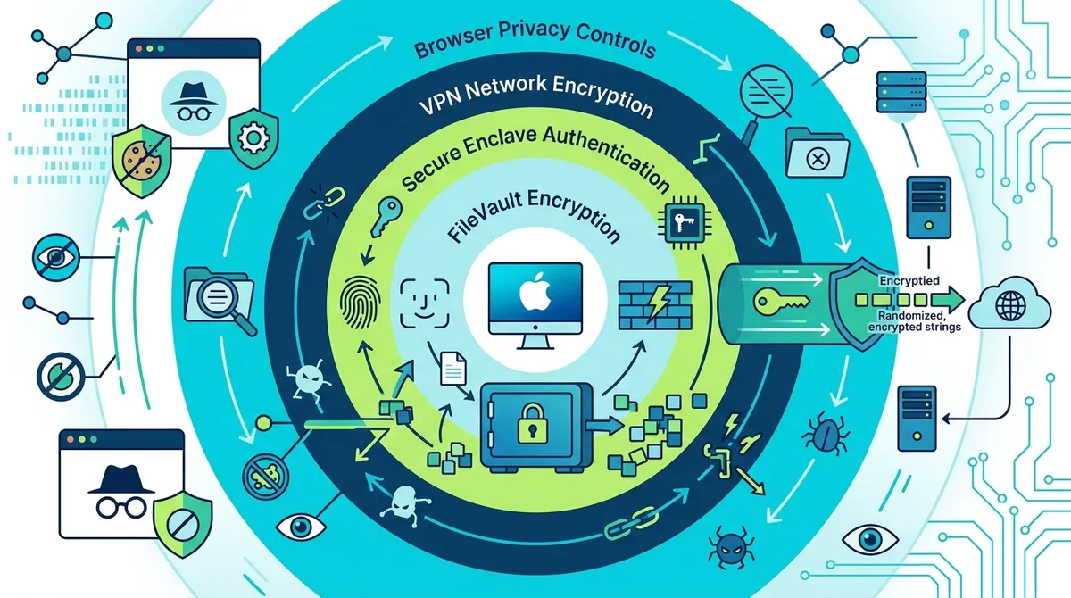 Infographic showing layered macOS privacy protection with FileVault encryption, Secure Enclave authentication, VPN network encryption, Spotlight exclusions, and browser privacy controls, illustrating how each layer addresses different threat vectors.