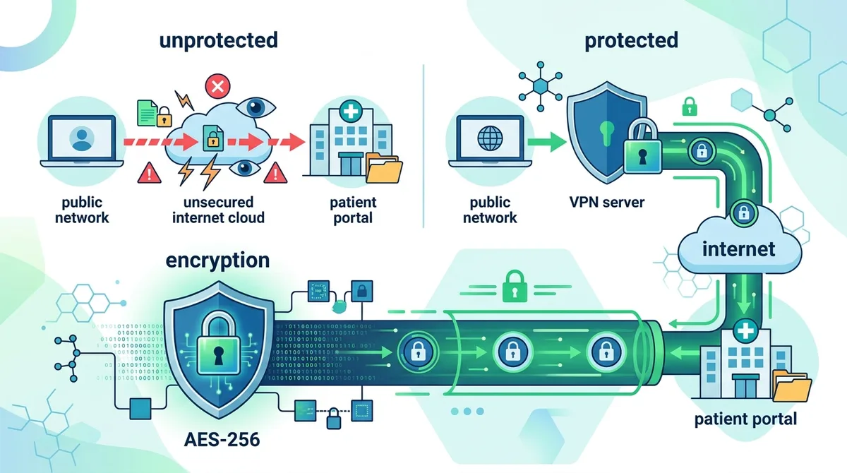 Infographic of VPN encryption flow showing data protection from device through VPN tunnel to patient portal, with AES-256 encryption highlighted and comparison of protected vs unprotected data transmission.