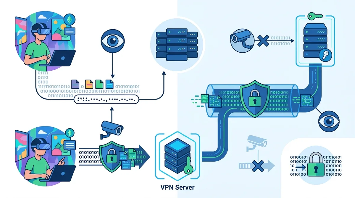 Infographic showing how VPNs mask IP addresses and encrypt metaverse traffic, comparing tracked vs. protected data flows with specific encryption protocols and IP masking examples.