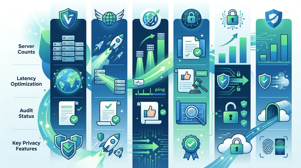 Infographic comparing top metaverse VPN providers showing server counts, latency optimization, audit status, and key privacy features with specific data points for each provider.