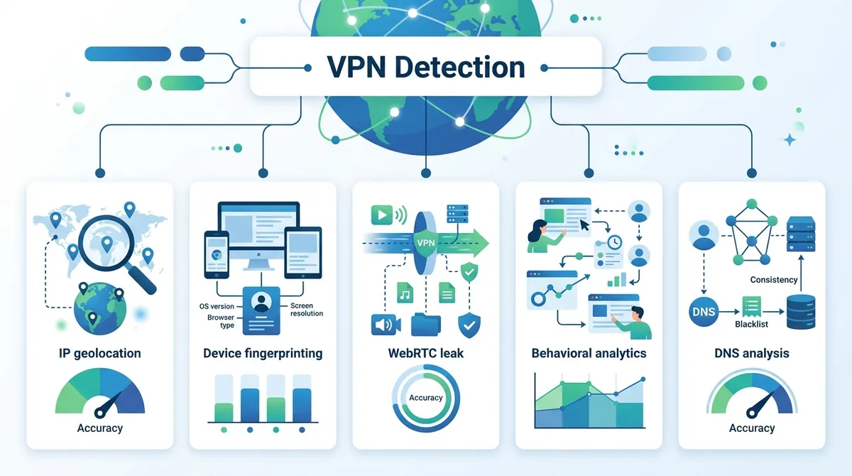 Infographic of VPN detection methods used by mortgage lenders, showing IP geolocation, device fingerprinting, WebRTC leak detection, behavioral analytics, and DNS analysis with detection accuracy percentages.