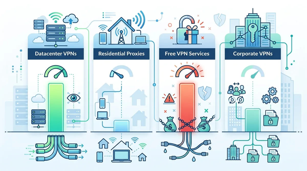 Infographic showing comparison of VPN detection risk levels by service type, including datacenter VPNs, residential proxies, free VPN services, and corporate VPNs, with detection likelihood percentages.
