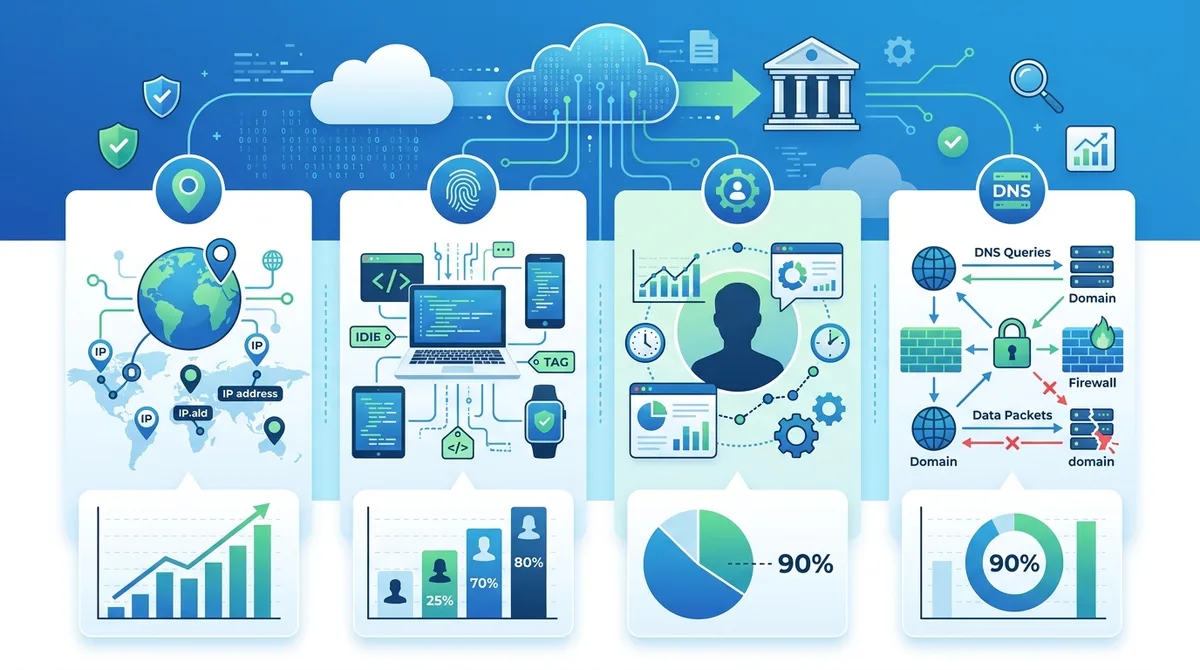 Infographic of VPN detection methods used by mortgage lenders, showing IP geolocation analysis, device fingerprinting, behavioral pattern recognition, and DNS leak detection with detection accuracy percentages.