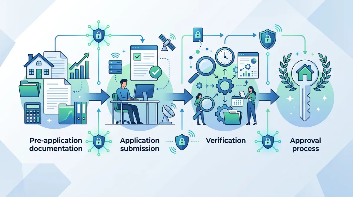 Infographic showing the mortgage application timeline with VPN considerations, including pre-application documentation, application submission, verification stages, and approval process with VPN-related checkpoints marked.