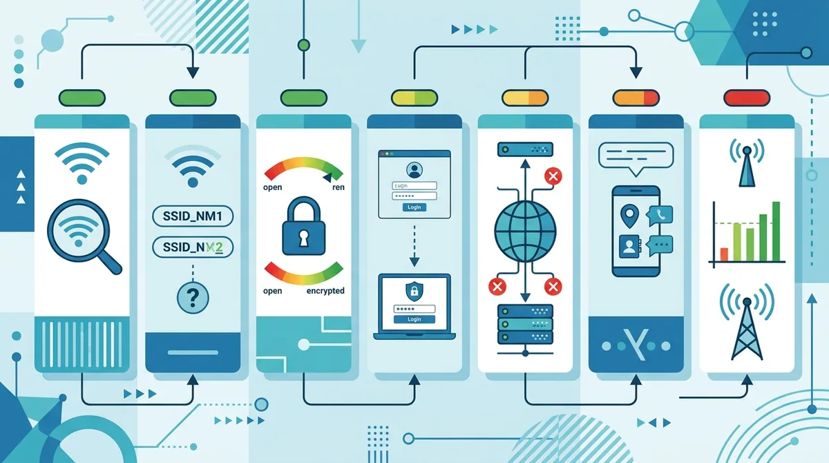 Infographic of WiFi network verification checklist showing 7 steps to identify fake hotspots with risk level indicators.
