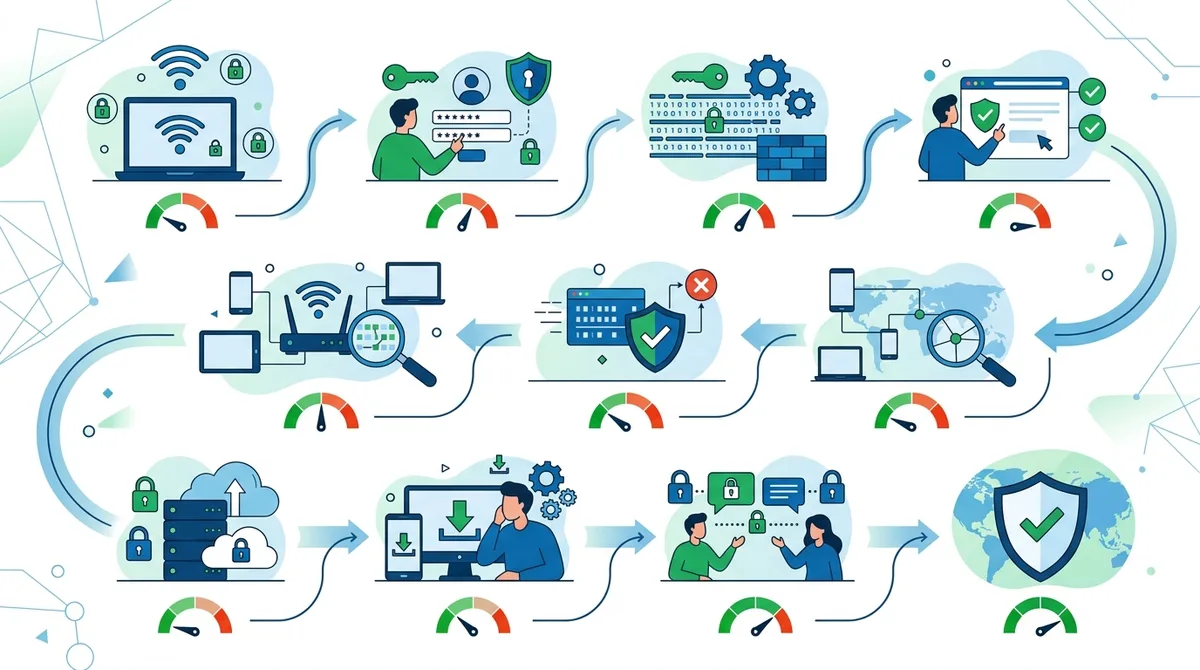 Infographic showing step-by-step WiFi security protocol with 10 checkpoints and risk assessment at each stage.