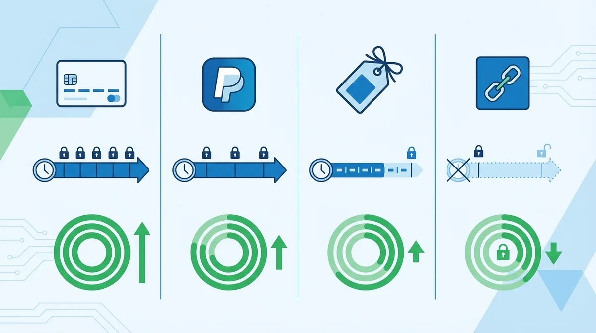 Infographic of Zahlungsmethode privacy comparison showing Kreditkartes, PayPal, Geschenkkartes, and Kryptowährung with Vorratsdatenspeicherung timelines and accessibility levels.