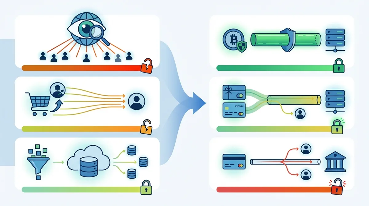 Infographic showing threat models and recommended Zahlungsmethodes, with risk levels for government surveillance, corporate tracking, and data broker access.