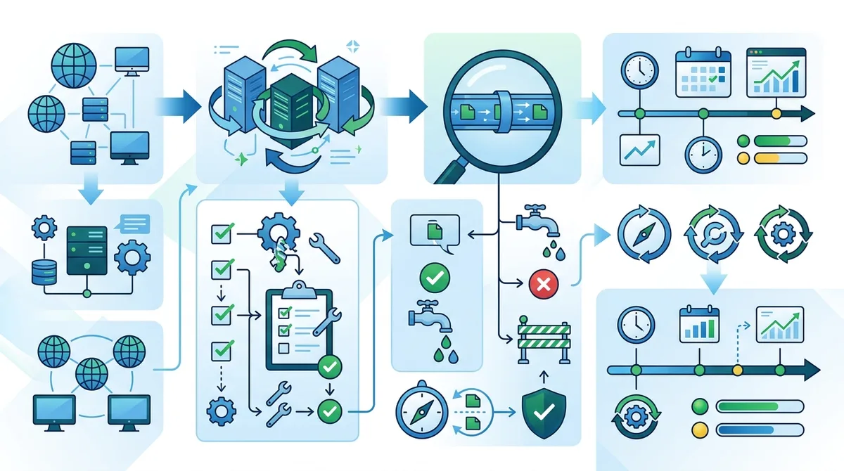 Infographic showing step-by-step VPN rotation setup process with configuration checkpoints, leak testing procedures, and monitoring timelines.