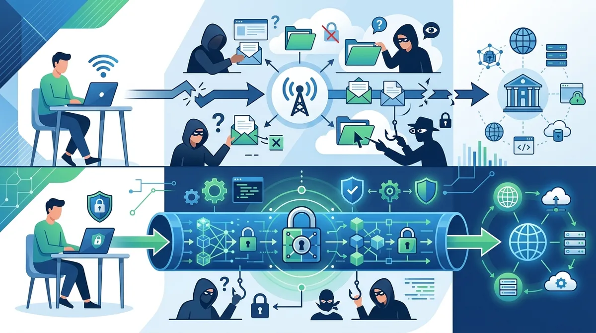 Infographic of VPN encryption process showing unencrypted transit data being intercepted on public WiFi versus encrypted data protected through VPN tunnel with AES-256 encryption.