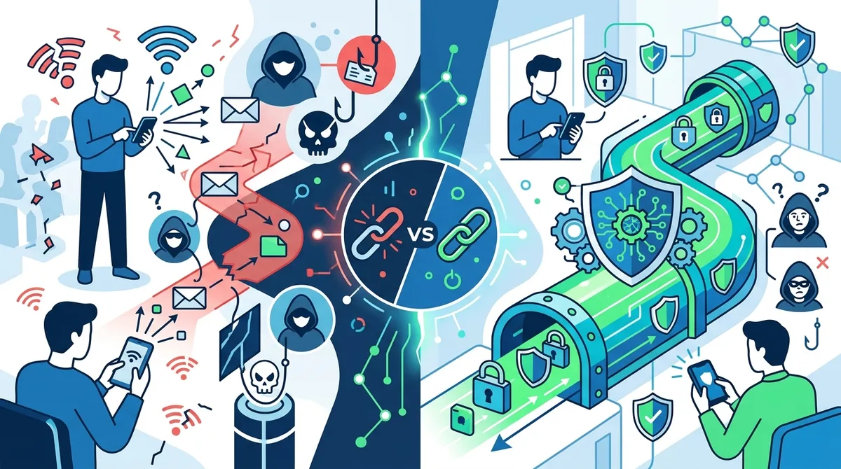 Infographic showing comparison of unencrypted transit app data exposure on public WiFi versus VPN-protected encrypted transmission, with attack vectors and protection layers illustrated.