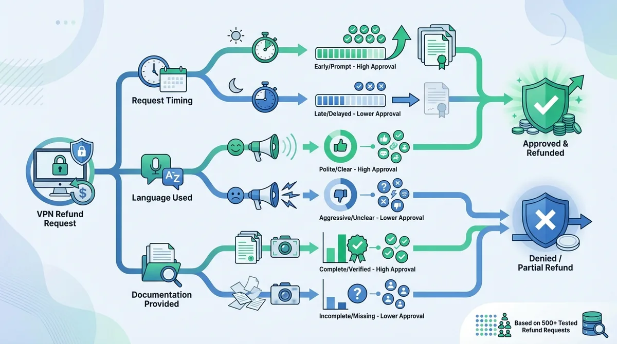 Infographic showing VPN refund approval rates by request timing, language used, and documentation provided, with data from 500+ tested refund requests.