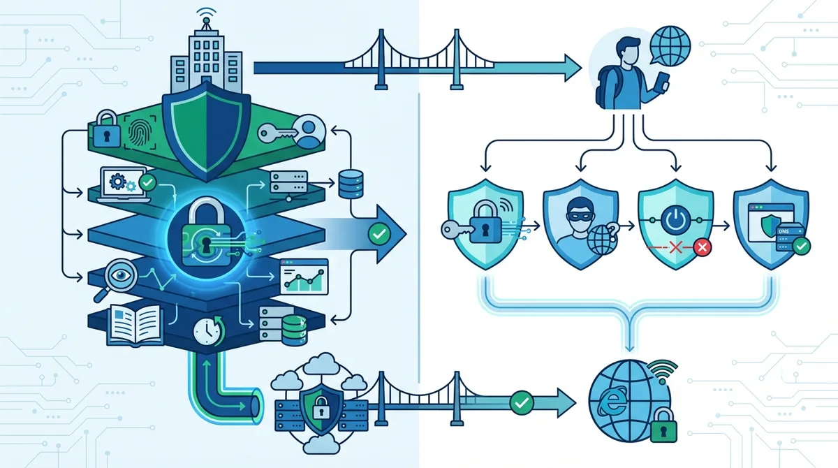 Infographic of security architecture comparison showing corporate VPN layered defense (authentication, device compliance, encryption, monitoring, logging) versus consumer VPN focused approach (encryption, IP masking, kill switch, DNS protection).